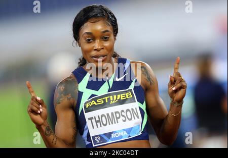 Elaine Thompson-Herah (JAM) festeggia dopo aver gareggiato in 100m donne durante il Golden Gala della IAAF Diamond League presso lo Stadio Olimpico di Roma il 17 settembre 2020 (Foto di Matteo Ciambelli/NurPhoto) Foto Stock