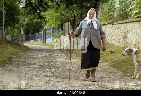 Hunedoara County, Romania, circa 2001. Donna anziana sulla corsia del villaggio, indossando un costume popolare locale sotto la sua giacca da lavoro. Il velo bianco è tradizionalmente indossato da donne sposate. Foto Stock