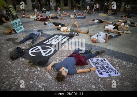 Manifestanti che si trovano sul pavimento con segni durante una concentrazione nel pacifico in Plaza del Carmen il 25 settembre 2020 a Granada, Spagna. In seguito alla richiesta di Greta Thunberg di uno sciopero scolastico mondiale e di "venerdì per il futuro”, studenti e studenti delle scuole sono scesi in strada per denunciare l'inazione dei governi verso la crisi climatica. Denunciano inoltre la mancanza di azione contro la crisi ambientale. Sono state programmate dimostrazioni in più di 3.100 località in tutto il mondo. (Foto di Fermin Rodriguez/NurPhoto) Foto Stock