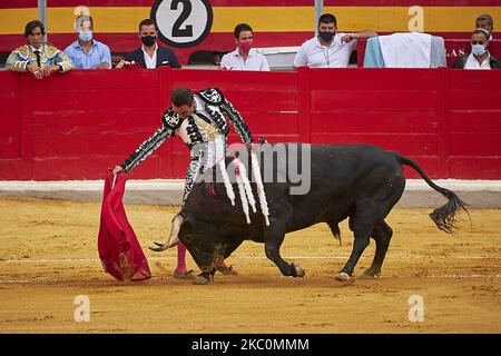 Il bullfighter spagnolo Enrique Ponce esegue un pass con 'capote' su un toro durante il Virgen de las Angustias Bullfighting Festival presso l'arena Monumental de Frascuelo il 26 settembre 2020 a Granada, Spagna. (Foto di Fermin Rodriguez/NurPhoto) Foto Stock