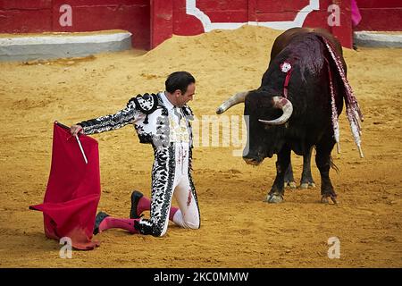 Il bullfighter spagnolo Enrique Ponce esegue un pass con 'capote' su un toro durante il Virgen de las Angustias Bullfighting Festival presso l'arena Monumental de Frascuelo il 26 settembre 2020 a Granada, Spagna. (Foto di Fermin Rodriguez/NurPhoto) Foto Stock