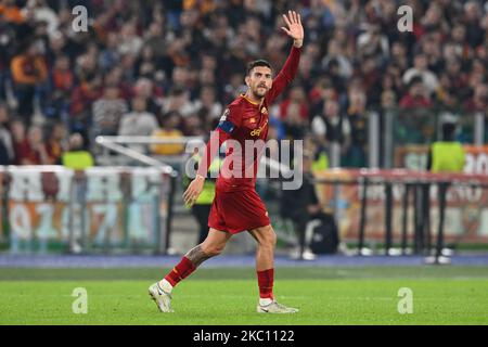 3rd November 2022; Stadio Olimpico, Rome, Italy: Uefa Europa League 2022 2023 football Match, Roma versus Ludogorets; Lorenzo Pellegrini of AS Roma celebrates his goal with the fans Stock Photo