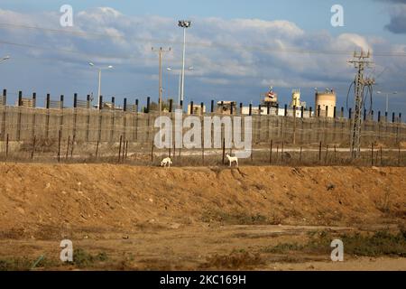 Una foto scattata dalla città di Rafah, nella striscia di Gaza meridionale, mostra il muro in costruzione lungo il confine egiziano con Gaza il 4 ottobre 2020. (Foto di Majdi Fathi/NurPhoto) Foto Stock