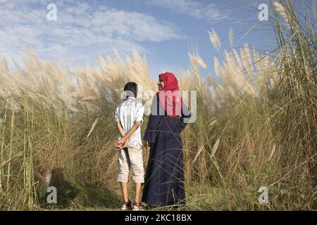 La gente sta visitando il campo di erba catkin in mezzo alla pandemia COVID-19 in Aftab Nagar, alla periferia della Dhaka, Bangladesh il 05 ottobre 2020. Dopo il blocco durante la pandemia, le persone di Dhaka tornano alla vita normale e Aftab Nagar è una delle destinazioni popolari e attraenti, dove molte persone vanno con le loro famiglie e amici per rinfrescarsi. (Foto di Kazi Salahuddin Razu/NurPhoto) Foto Stock