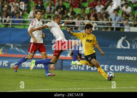 Seongnam Ilhwa di Corea e Hamburger SV di Germania i giocatori gareggiano in palla durante la Coppa della Pace 2012 Suwon finale turno nello stadio Suwon WorldCup il 22 luglio 2012 a Suwon, Corea del Sud. Hamburger SV ha vinto la partita 1-0. (Foto di Seung-il Ryu/NurPhoto) Foto Stock