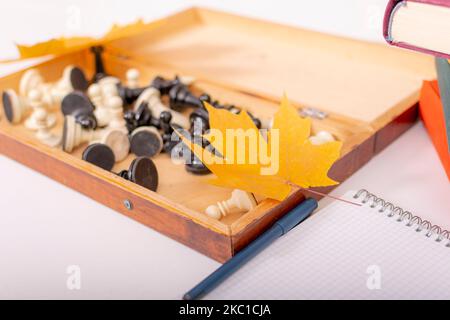 Il gioco degli scacchi è finito. Fgures sono in scatola. Foglie di acero giallo caduto. Foto Stock