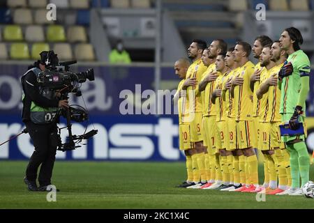 Romania prima undici Ciprian Tatarusanu, Alin Tosca, Mihai Balasa, Denis Alibec, Alexandru Maxim, Nicusor Bancu, Andrei Burca, Ciprian DEAC, Razvan Marin, Ionut Mitrita, Nicolae Stanciu durante la partita contro la Romania della UEFA Nations League di calcio a Ploiesti città 14 ottobre 2020. (Foto di Alex Nicodim/NurPhoto) Foto Stock