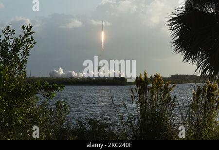 Un razzo SpaceX Falcon 9 che trasporta il lotto 14th di 60 satelliti internet Starlink viene lanciato dal pad 39A al Kennedy Space Center il 18 ottobre 2020 a Cape Canaveral, Florida. Dopo il lancio, il razzo booster del primo stadio è stato recuperato da SpaceX su una nave drone nell'Oceano Atlantico. (Foto di Paul Hennessy/NurPhoto) Foto Stock