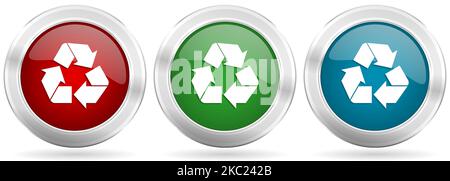 Set di icone del vettore di riciclo. Pulsanti Web metallici in argento rosso, blu e verde con bordo cromato Illustrazione Vettoriale