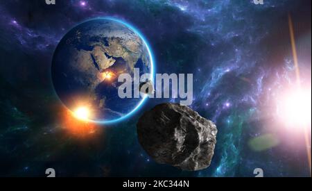 Meteorite in avvicinamento alla Terra, rotta di collisione. Asteroide. Possibile collisione con l'atmosfera terrestre. rendering 3d Foto Stock