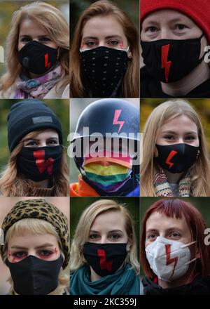 Collage fotografico che mostra i ritratti degli attivisti Pro-Choice che indossano maschere facciali con un fulmine rosso, il simbolo principale delle proteste. Gli studenti universitari di Cracovia e gli attivisti per i diritti delle donne e i loro sostenitori hanno organizzato un'altra protesta anti-governativa stasera a Cracovia, opponendosi alla restrizione pandemica per esprimere la loro rabbia per la sentenza della Corte Suprema che ha inasprito le già severe leggi sull'aborto. Domenica 1 novembre 2020 a Cracovia, Polonia. (Foto di Artur Widak/NurPhoto) Foto Stock