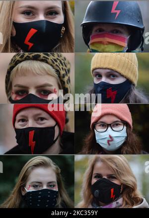 Collage fotografico che mostra i ritratti degli attivisti Pro-Choice che indossano maschere facciali con un fulmine rosso, il simbolo principale delle proteste. Gli studenti universitari di Cracovia e gli attivisti per i diritti delle donne e i loro sostenitori hanno organizzato un'altra protesta anti-governativa stasera a Cracovia, opponendosi alla restrizione pandemica per esprimere la loro rabbia per la sentenza della Corte Suprema che ha inasprito le già severe leggi sull'aborto. Domenica 1 novembre 2020 a Cracovia, Polonia. (Foto di Artur Widak/NurPhoto) Foto Stock