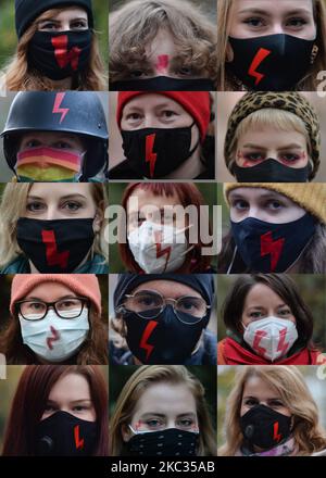 Collage fotografico che mostra i ritratti degli attivisti Pro-Choice che indossano maschere facciali con un fulmine rosso, il simbolo principale delle proteste. Gli studenti universitari di Cracovia e gli attivisti per i diritti delle donne e i loro sostenitori hanno organizzato un'altra protesta anti-governativa stasera a Cracovia, opponendosi alla restrizione pandemica per esprimere la loro rabbia per la sentenza della Corte Suprema che ha inasprito le già severe leggi sull'aborto. Domenica 1 novembre 2020 a Cracovia, Polonia. (Foto di Artur Widak/NurPhoto) Foto Stock