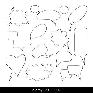 Fumetto bolle di voce impostare vettore in stile disegnato a mano. Massaggi e talk signs per app, web.Comic esplosioni di schizzo. Illustrazione Vettoriale
