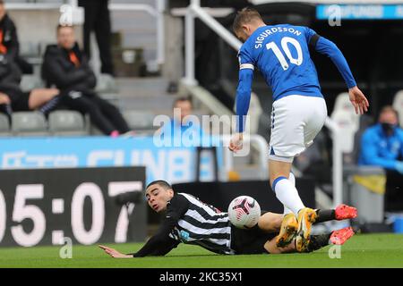 Miguel Almiron di Newcastle si è Unito in azione con Gylfi Sigurdsson di Everton durante la partita della Premier League tra Newcastle United ed Everton al St. James's Park di Newcastle domenica 1st novembre 2020. (Foto di Mark Fletcher/MI News/NurPhoto) Foto Stock