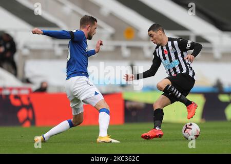 Miguel Almiron di Newcastle si è Unito in azione con Gylfi Sigurdsson di Everton durante la partita della Premier League tra Newcastle United ed Everton al St. James's Park di Newcastle domenica 1st novembre 2020. (Foto di Mark Fletcher/MI News/NurPhoto) Foto Stock