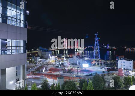 4 novembre, 2020-Sacheon, Korera Sud-A Vista notturna del 'Ponte di Sammeonpo e funivia Marina' a Sacheon-City, Corea del Sud il 30 ottobre 2020. Il Ponte di Samcheonpo e' la citta' di Sacheon per il gruppo Namhae-Gun CONNECT 5 birdges (Samcheonpo, Choyang, Nukdo, Changsun, Danhyang). (Foto di Seung-il Ryu/NurPhoto) Foto Stock