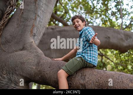 Ragazzo caucasico sorridente pollice seduto sul ramo di un albero - bambino arrampicata all'aperto - concetto di stile di vita della gente Foto Stock