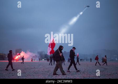 Il manifestante detiene la bandiera polacca durante la marcia di Indipendenza a Varsavia il 11 novembre 2020. (Foto di Maciej Luczniewski/NurPhoto) Foto Stock