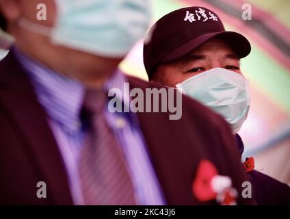 Circa 100 veterani, parenti dell'esercito e rappresentanti di paesi stranieri a Taiwan e altri partecipanti depongono corati e rendono omaggio ai defunti della prima e della seconda guerra mondiale, durante un evento della Giornata della memoria, al Memoriale e al Parco della Pace di Taiwan POW, A New Taipei City, Taiwan, il 15 novembre 2020. (Foto di Ceng Shou Yi/NurPhoto) Foto Stock