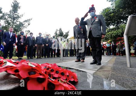 Circa 100 veterani, parenti dell'esercito e rappresentanti di paesi stranieri a Taiwan e altri partecipanti depongono corati e rendono omaggio ai defunti della prima e della seconda guerra mondiale, durante un evento della Giornata della memoria, al Memoriale e al Parco della Pace di Taiwan POW, A New Taipei City, Taiwan, il 15 novembre 2020. (Foto di Ceng Shou Yi/NurPhoto) Foto Stock