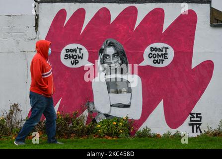 Un murale di Dua Lipa, dell'artista irlandese Emmalene Blake, situato a Dublino Sud. Questo è il lavoro più recente, una parte della serie "Stay at Home", che incoraggia le persone a mantenere l'equilibrio sociale. Lunedì 16 novembre 2020 a Dublino, Irlanda. (Foto di Artur Widak/NurPhoto) Foto Stock