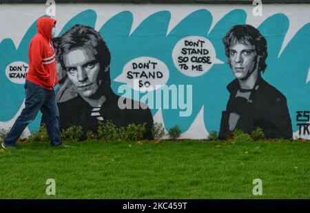 Un murale della polizia, dell'artista irlandese Emmalene Blake, situato a Dublino Sud. Questo è il lavoro più recente, una parte della serie "Stay at Home", che incoraggia le persone a mantenere l'equilibrio sociale. Lunedì 16 novembre 2020 a Dublino, Irlanda. (Foto di Artur Widak/NurPhoto) Foto Stock