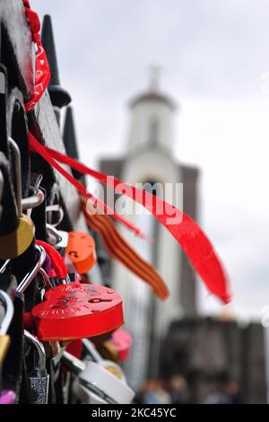 Minsk, Bielorussia - 01 luglio 2014: «Isola del coraggio e del dolore» Isola di Tears a Minsk. Bielorussia. Un memoriale vicino al quartiere Trinity. Foto Stock