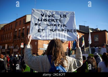 Una donna tiene un cartello che legge 'viva la libertà di respirare e uscire'. Migliaia di manifestanti sono scesi in piazza dopo la chiamata delle ONG (Amnesty International, Human Rights League), dei sindacati (CGT, CNT, FO, SAF vale a dire Unione degli avvocati francesi), i sindacati dei giornalisti (SNJ, SNJ-CGT) e i partiti politici per una protesta contro la cosiddetta legge sulla sicurezza globale promossa dal presidente francese Macron e dalla sua maggioranza. Hanno anche chiesto più mezzi per gli ospedali come la 2nd onda di Covid-19 è qui. Alcuni giubbotti gialli sono venuti anche per il 2nd° anniversario della loro prima protesta. Il mar Foto Stock