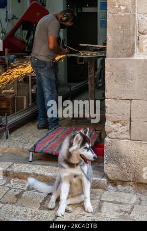 Un artigiano lavora nella sua piccola fabbrica utilizzando una smerigliatrice angolare con scintille che volano mentre il suo cane Husky mantiene la guardia. Foto Stock