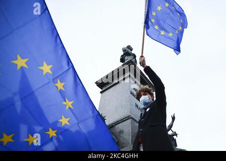 Un giovane tiene la bandiera dell'UE durante la manifestazione "We're staying, we're Europe" contro il governo nella piazza principale di Cracovia, Polonia, il 22 novembre 2020. L'Unione europea si trova di fronte ad ostacoli all'approvazione di un pacchetto di bilancio dopo che l'Ungheria e la Polonia si sono frapposti al veto sulle misure per quanto riguarda le preoccupazioni relative alle condizioni di finanziamento. (Foto di Beata Zawrzel/NurPhoto) Foto Stock