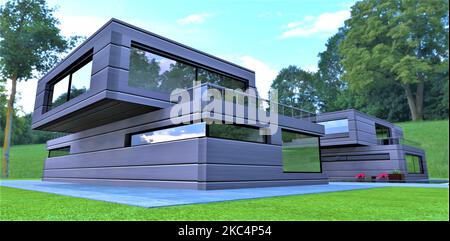 Alloggio di lusso in un parco ecologico. Rivestimento di facciata con materiale innovativo a base di isolamento laminato. rendering 3d. Foto Stock