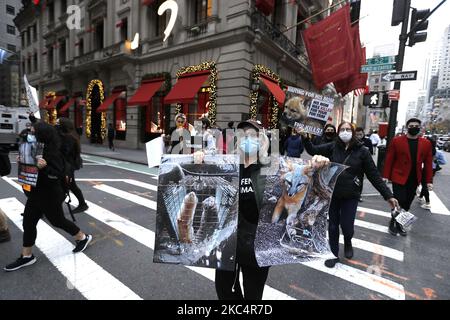 I dimostranti si opposero alla crudeltà degli animali con segni che cantavano slogan sulla Fifth Avenue il 27 novembre 2020 a New York City USA. Tradizionalmente le dimostrazioni annuali si sono svolte il Black Friday, il giorno di shopping più trafficato dell'anno. Come risultato di Fur Free Fridays, le vendite di pellicce sono crollato negli anni '80 e '90, ma recenti tendenze moda hanno causato un aumento delle vendite. (Foto di John Lamparski/NurPhoto) Foto Stock