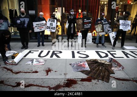 I dimostranti si opposero alla crudeltà degli animali con segni che cantavano slogan sulla Fifth Avenue il 27 novembre 2020 a New York City USA. Tradizionalmente le dimostrazioni annuali si sono svolte il Black Friday, il giorno di shopping più trafficato dell'anno. Come risultato di Fur Free Fridays, le vendite di pellicce sono crollato negli anni '80 e '90, ma recenti tendenze moda hanno causato un aumento delle vendite. (Foto di John Lamparski/NurPhoto) Foto Stock