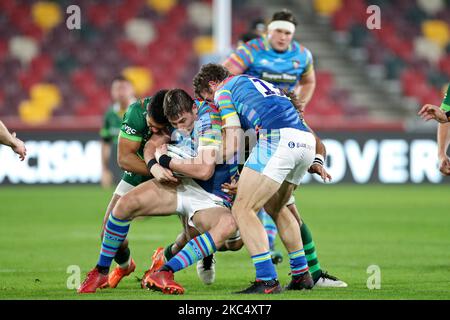 Il Leicester Tigers mischia metà Richard Wrigglesworth si tiene nel Tackle durante la partita della Gallagher Premiership tra London Irish e Leicester Tigers al Brentford Community Stadium, Brentford, Londra, Inghilterra il 29th novembre 2020. (Foto di Jon Bromley/MI News/NurPhoto) Foto Stock