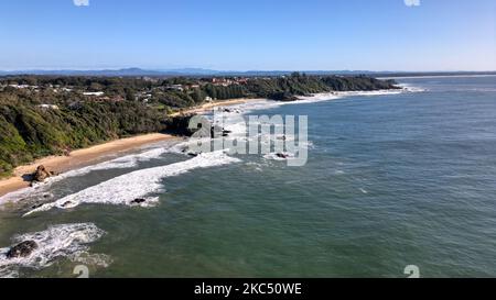 Una vista aerea di Shelley Beach in una giornata di sole a Port Macquarie , Australia Foto Stock