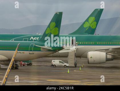 Aerei Aer Lingus visti a terra all'aeroporto di Dublino, durante il livello di blocco coronavirus 3. La pandemia ha avuto un impatto 'disastante' sull'operatore dell'aeroporto di Dublino. Secondo Dalton Philips, le perdite di DAA all'inizio di settembre 2020 si avvicinavano ai €150 milioni di dollari. Molti aeroporti in tutta l'Unione europea sono ora sottoposti a forti pressioni finanziarie a causa del crollo del numero di passeggeri a causa della pandemia di Covid. Sabato 05 dicembre 2020, all'aeroporto di Dublino Dublino, Irlanda. (Foto di Artur Widak/NurPhoto) Foto Stock