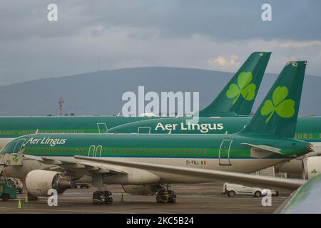 Aerei Aer Lingus visti a terra all'aeroporto di Dublino, durante il livello di blocco coronavirus 3. La pandemia ha avuto un impatto 'disastante' sull'operatore dell'aeroporto di Dublino. Secondo Dalton Philips, le perdite di DAA all'inizio di settembre 2020 si avvicinavano ai €150 milioni di dollari. Molti aeroporti in tutta l'Unione europea sono ora sottoposti a forti pressioni finanziarie a causa del crollo del numero di passeggeri a causa della pandemia di Covid. Sabato 05 dicembre 2020, all'aeroporto di Dublino Dublino, Irlanda. (Foto di Artur Widak/NurPhoto) Foto Stock