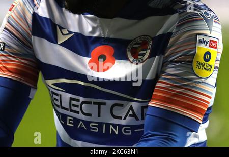 Una vista dettagliata del badge papavero su una striscia di lettura durante la partita del campionato Sky Bet allo stadio Select Car Leasing di Reading. Data immagine: Venerdì 4 novembre 2022. Foto Stock