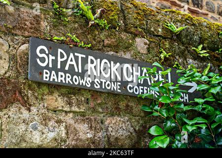 Cartello per Barrows Stone Coffins, Heysham, Lancashire, Regno Unito Foto Stock