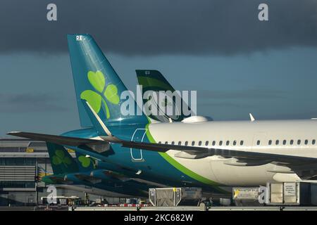 Aerei Aer Lingus visti a terra all'aeroporto di Dublino (immagine del file dicembre 5). A partire dalla mezzanotte tutti i voli e i traghetti passeggeri dalla Gran Bretagna all'Irlanda saranno sospesi per un periodo iniziale di 48 ore, nel tentativo di fermare la diffusione di un nuovo ceppo di coronavirus in Irlanda. Domenica 20 dicembre 2020 a Dublino, Irlanda. (Foto di Artur Widak/NurPhoto) Foto Stock