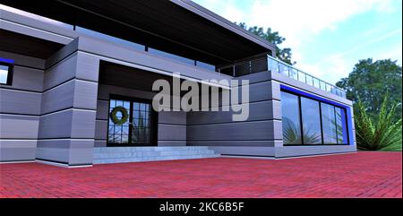 Vigilia di Natale in regione tropicale. Una tradizionale corona sulla porta all'ingresso della casa, rifinita con un innovativo materiale ad alta efficienza termica c Foto Stock