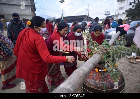 I devoti nepalesi insieme alla maschera facciale offrono la preghiera rituale durante il festival Saat Gaule Jatra la mattina presto a Kirtipur, Kathmandu, Nepal Giovedi, 24 dicembre 2020. Saat Gaule Jatra si celebra ogni anno in occasione dell'arrivo dell'inverno. (Foto di Narayan Maharjan/NurPhoto) Foto Stock