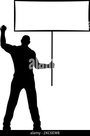 Rebel man with protesting placard template.  Silhouette of protester holding banner with copy space your text . Vector on transparent background Stock Vector