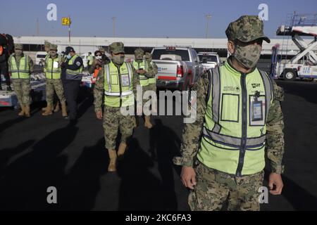 Elementi dell'esercito sorvegliano l'arrivo dei vaccini COVID-19 all'aeroporto internazionale di Città del Messico, dallo stabilimento Pfizer di Puurs, Belgio. DHL, la più importante compagnia di pacchi del mondo, si è incaricata del trasporto e della distribuzione, gli aeroporti di Città del Messico e Monterrey sono stati i punti di arrivo. Questa è la seconda spedizione del vaccino Pfizer e Biotech che arriva nel paese dopo lo scorso 23 dicembre il primo aereo con il vaccino è arrivato alla CDMX ed è stato applicato a medici, infermieri, personale di inaloterapia; laboratorio e chimica; tecniche in radiologia, orderlies, cl Foto Stock