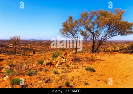 Le colline dell'Outback del suolo rosso intorno alla città mineraria di Broken Hill se Australian far West of NSW vicino al deserto vivente pubblico del giardino delle sculture. Foto Stock