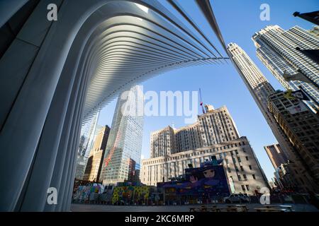 Vista esterna dell'architettura moderna e contemporanea del centro commerciale Oculus e del fulcro dei trasporti del World Trade Center. World Trade Center è una stazione terminale sul sistema PATH, all'interno del World Trade Center Complex nel quartiere finanziario di Manhattan, New York City. L'edificio Oculus è stato progettato dall'architetto spagnolo Santiago Calatrava. NY, USA on February 13, 2020 (Photo by Nicolas Economou/NurPhoto) Foto Stock