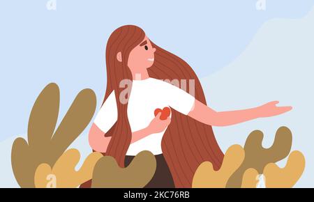 Woman holds a heart in her hands and harmony with herself and nature. Positive emotions and happy girl vector illustration. Female character care life Stock Vector