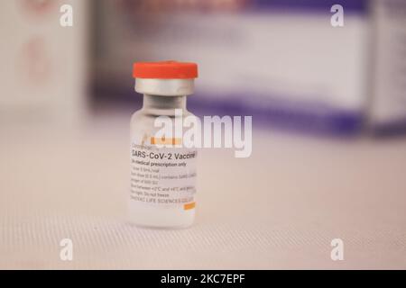 Il medico prepara una dose di vaccino Sinovac COVID-19 prima di somministrare un shot in un ospedale di Denpasar, Bali, Indonesia il 14 2021 gennaio. L'Indonesia inizia ad attuare il programma di vaccinazione COVID-19 per gli operatori sanitari e i funzionari governativi nella prima fase del programma di vaccinazione nazionale. Il governo ha ordinato 125 milioni di dosi di vaccino dalla Sinovac Biotech cinese. (Foto di Johanes Christo/NurPhoto) Foto Stock