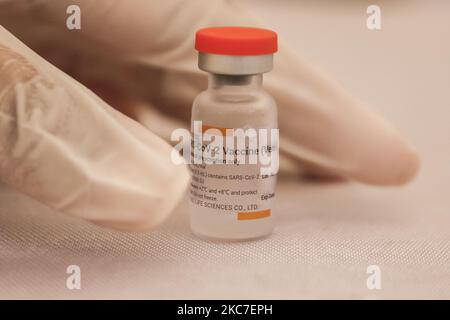 Il medico prepara una dose di vaccino Sinovac COVID-19 prima di somministrare un shot in un ospedale di Denpasar, Bali, Indonesia il 14 2021 gennaio. L'Indonesia inizia ad attuare il programma di vaccinazione COVID-19 per gli operatori sanitari e i funzionari governativi nella prima fase del programma di vaccinazione nazionale. Il governo ha ordinato 125 milioni di dosi di vaccino dalla Sinovac Biotech cinese. (Foto di Johanes Christo/NurPhoto) Foto Stock